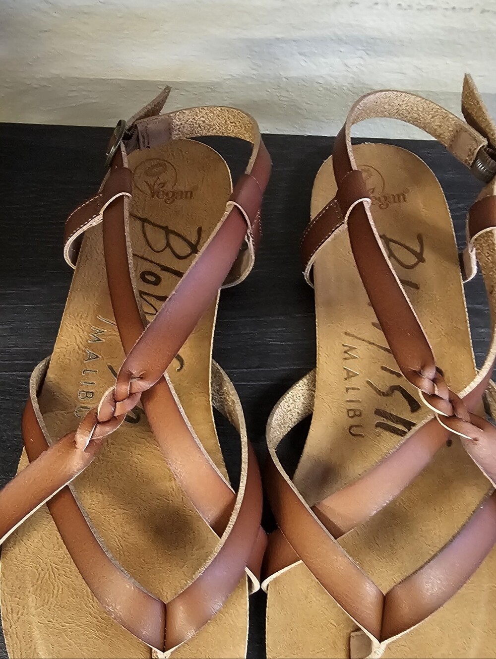 NWOB Blowfish Tan Braided T-Strap Vegan Leather Sandals